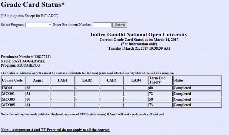 ignou 2nd year assignment grade card