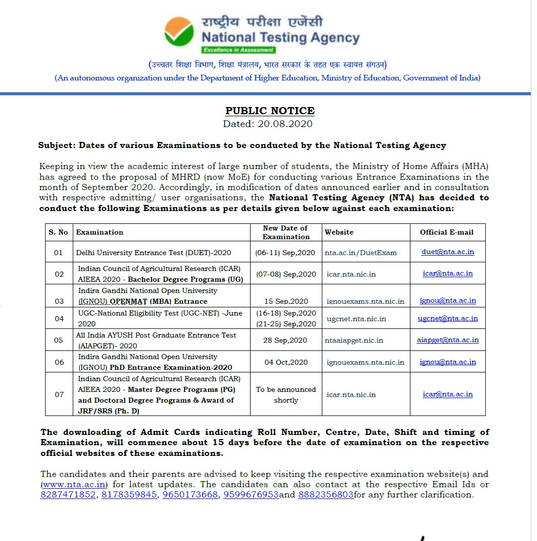 Exam Dates of IGNOU OPENMAT & PHD released by NTA Ignou news