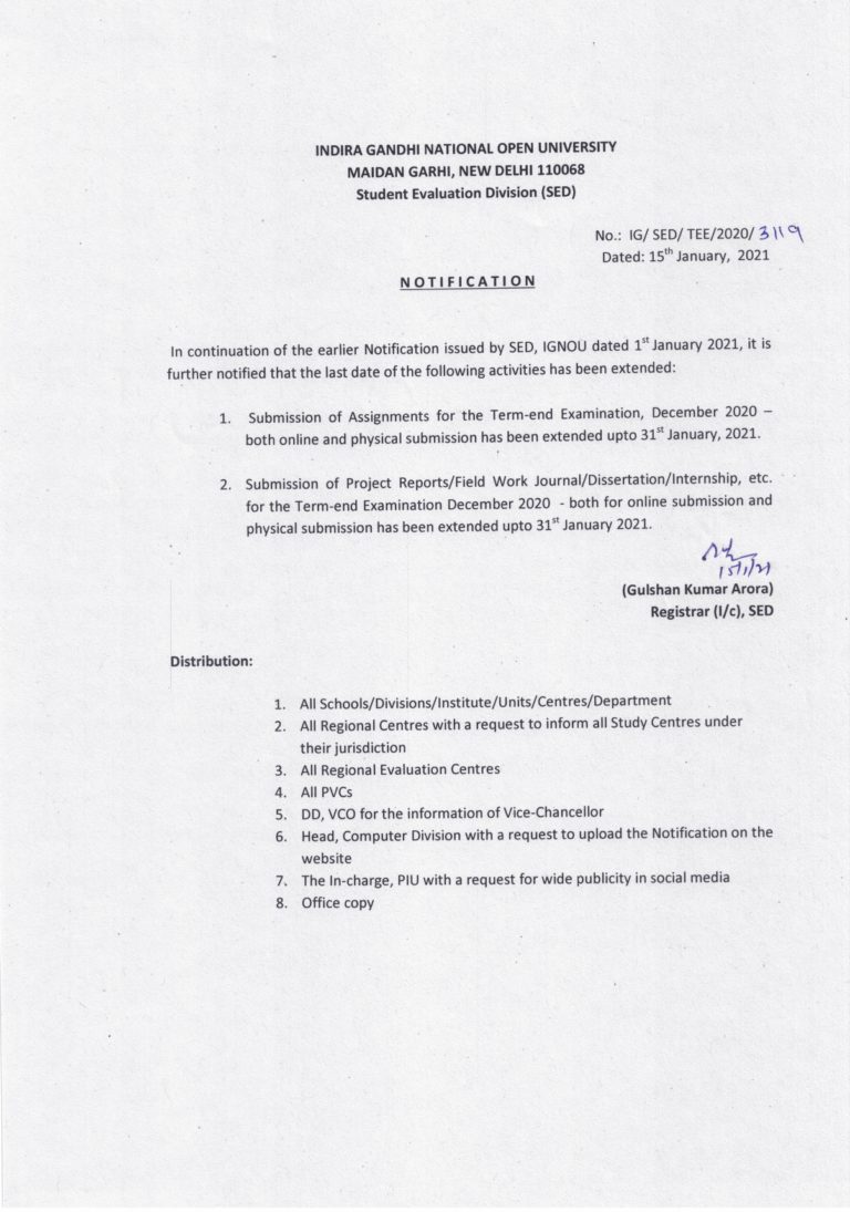 Ignou assignment submission last date extended to 31 january for tee